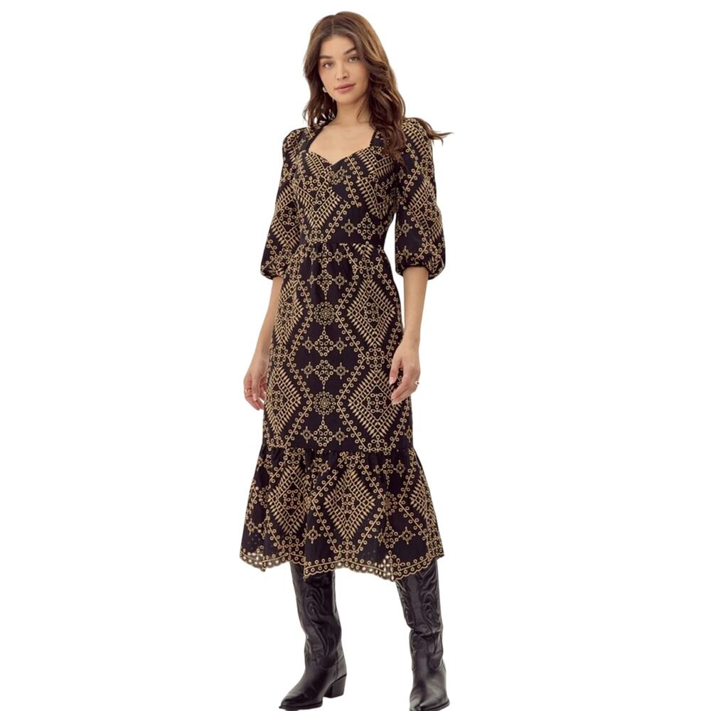 ADELYN RAE $158 legacy embroidered midi black carmel dress Size S